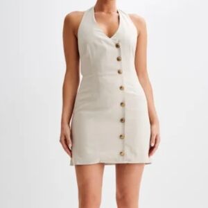 NEW Meshki Linen Halter Dress Mini Lorraine Tan Buttons Open Back